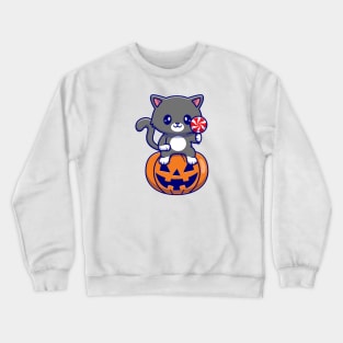 Cute Cat Sitting On Pumpkin Halloween Holding Candy  Cartoon Crewneck Sweatshirt